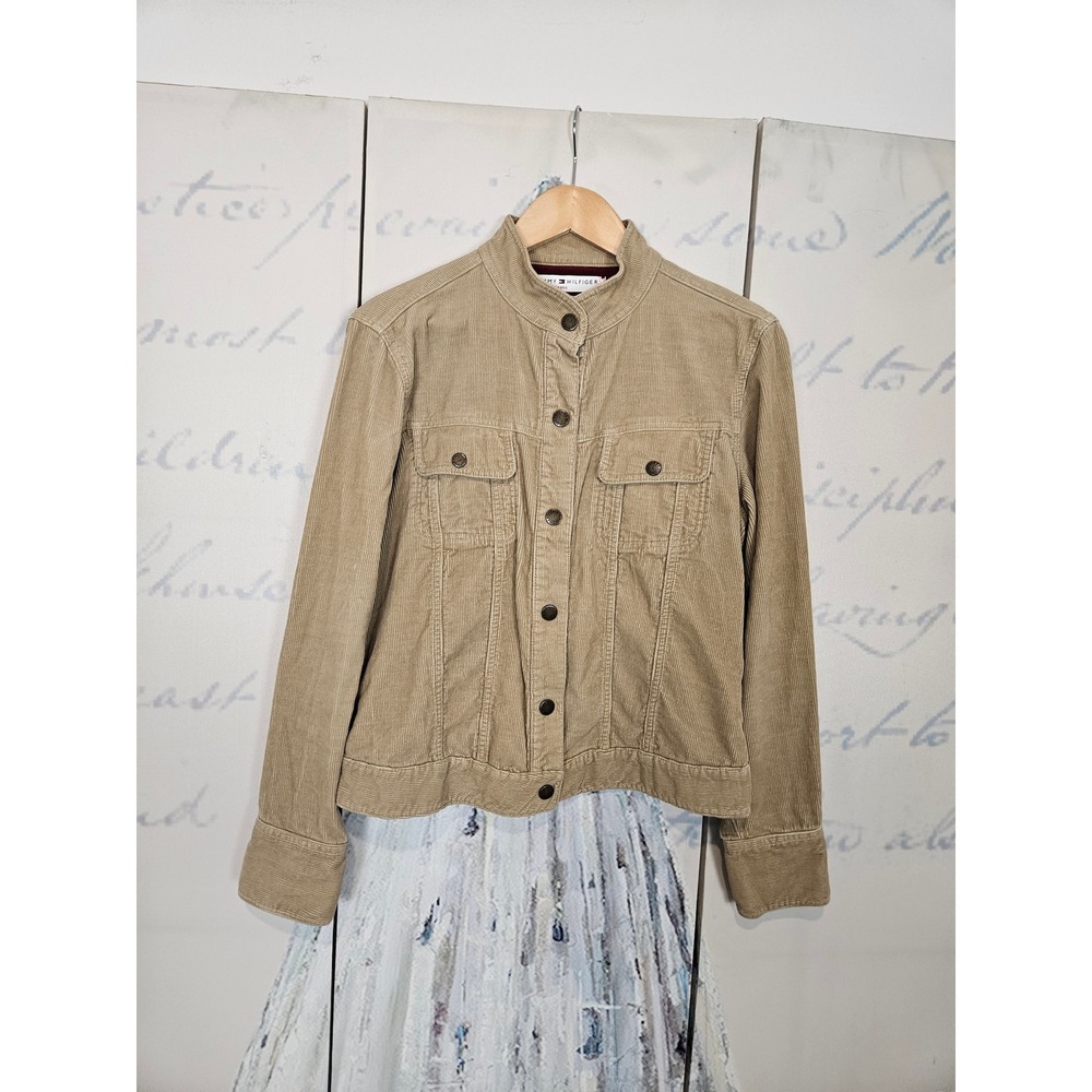 Vintage Tommy Hilfiger Corduroy Jacket Large Tan Y2K Mock Neck Button Up Utility
